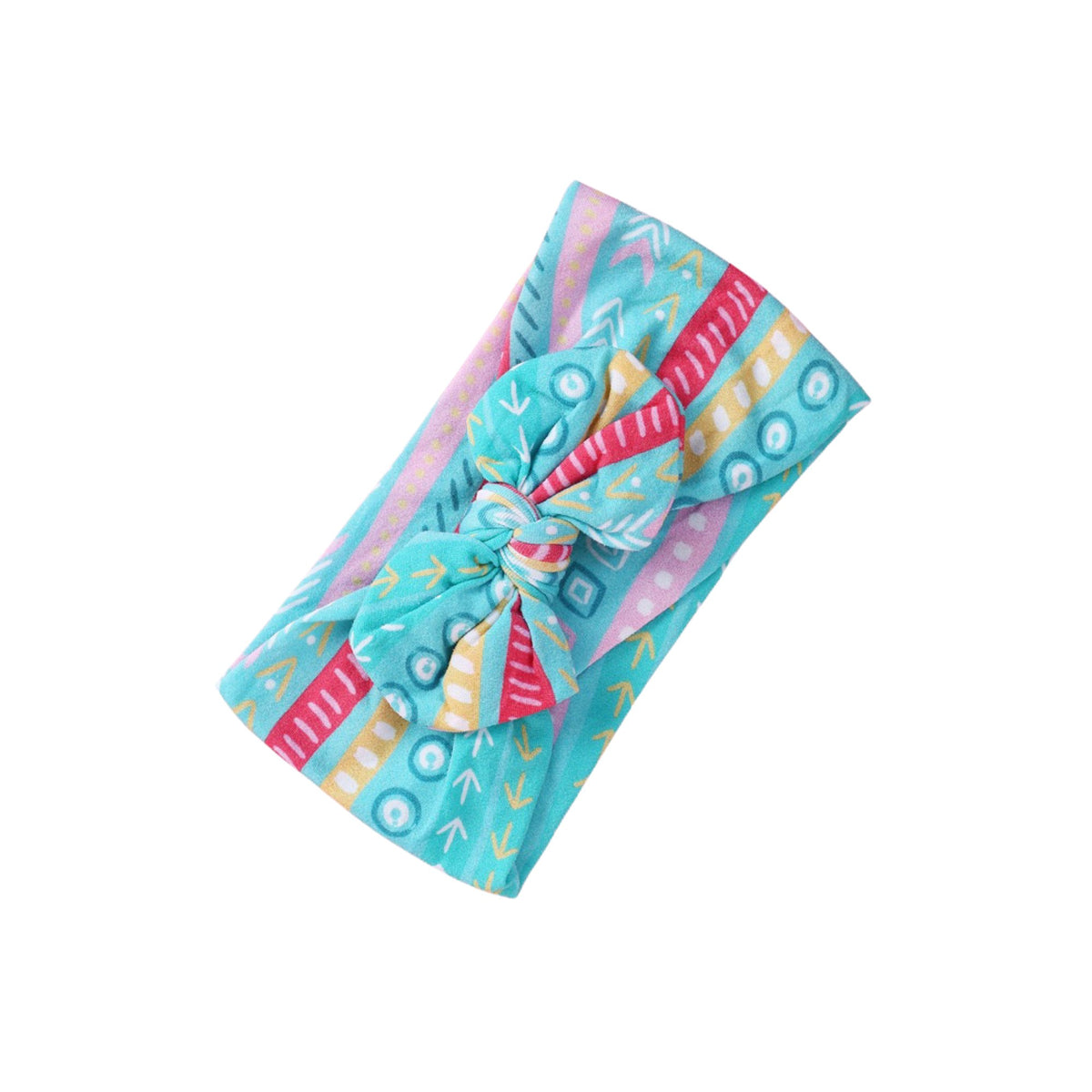 Aqua Arrows print nylon bow baby headband with aqua, hot pink and yellow arrow and stripe print, knotted bow at front, Sommerfugl Kids