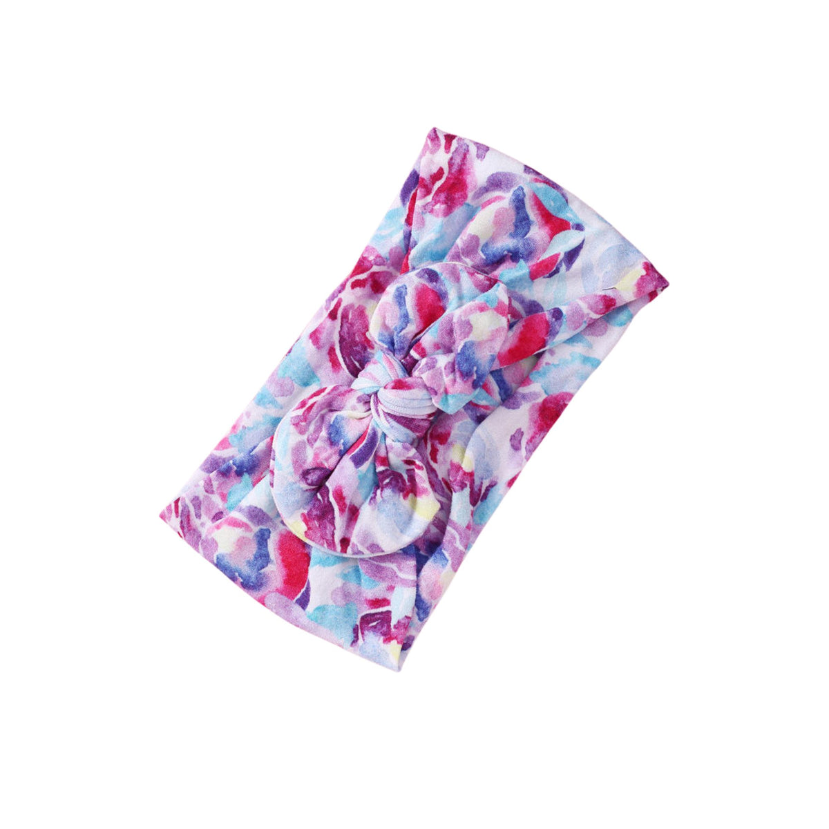 Berry Watercolour print nylon bow baby headband with magenta, violet and aqua watercolour brushstrokes, knotted bow at front, Sommerfugl Kids