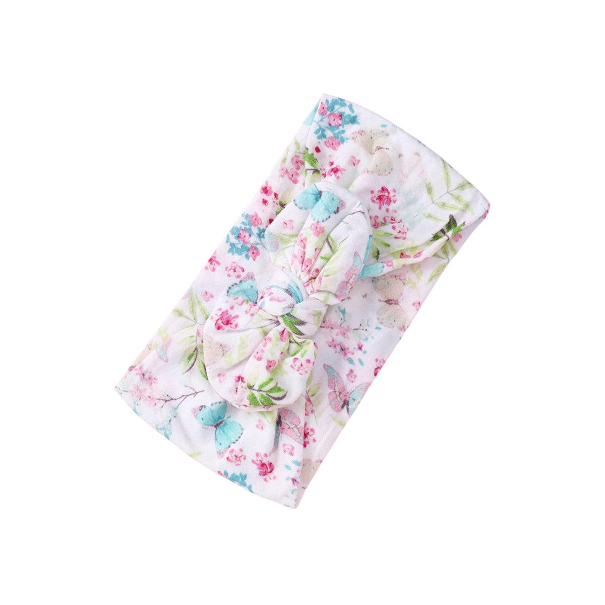 Butterfly Garden print nylon bow baby headband with pink blossoms, green sprigs and teal butterflies on white, knotted bow at front, Sommerfugl Kids