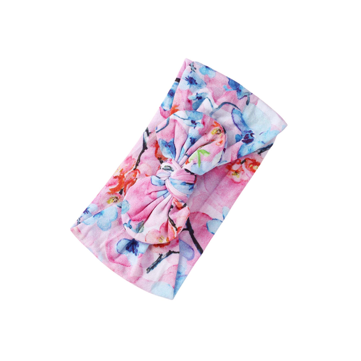 Cherry Blossom print nylon bow baby headband with pink and periwinkle watercolour blossoms on branches, knotted bow at front, Sommerfugl Kids