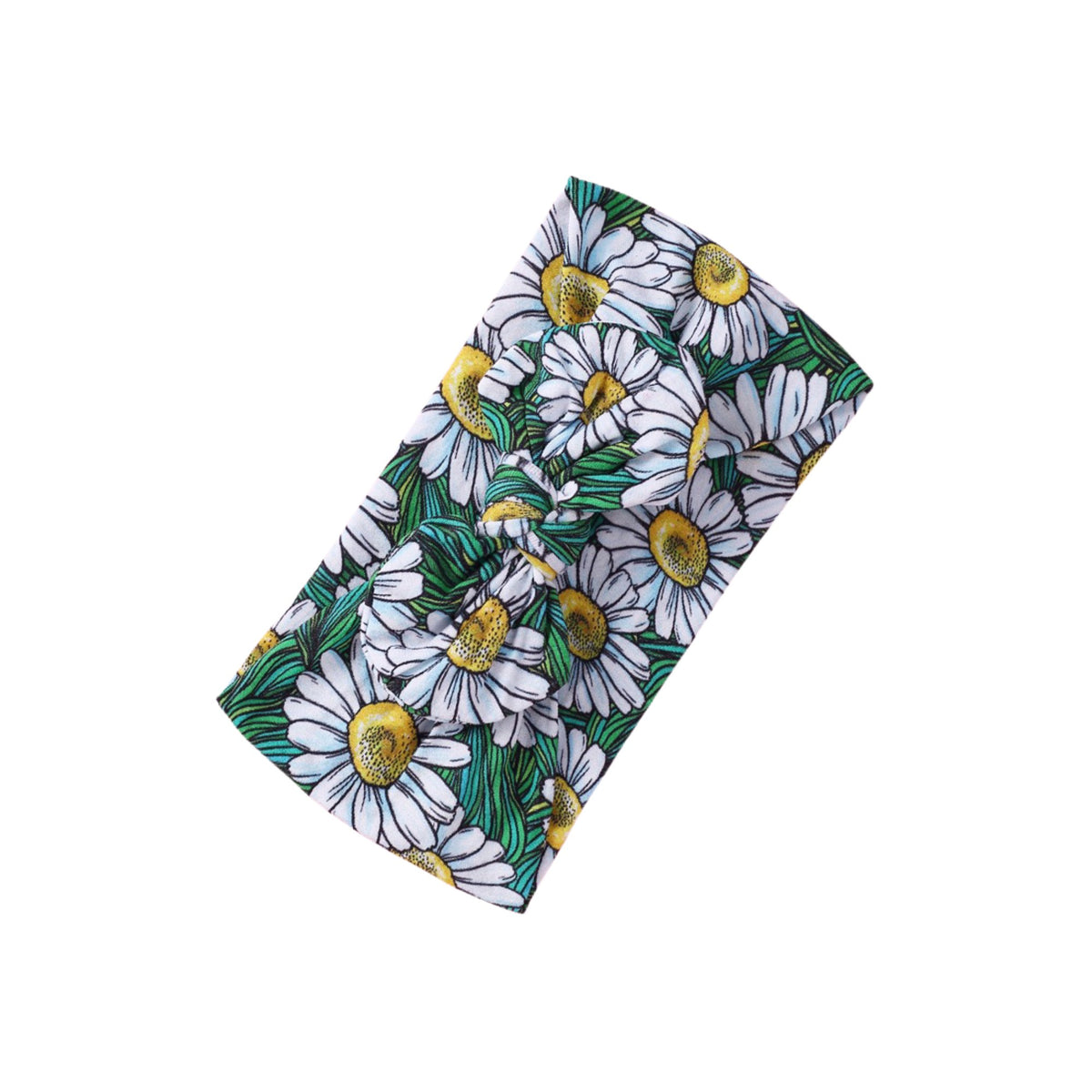 Daisy Meadow print nylon bow baby headband with white daisies with yellow centres on deep green, knotted bow at front, Sommerfugl Kids