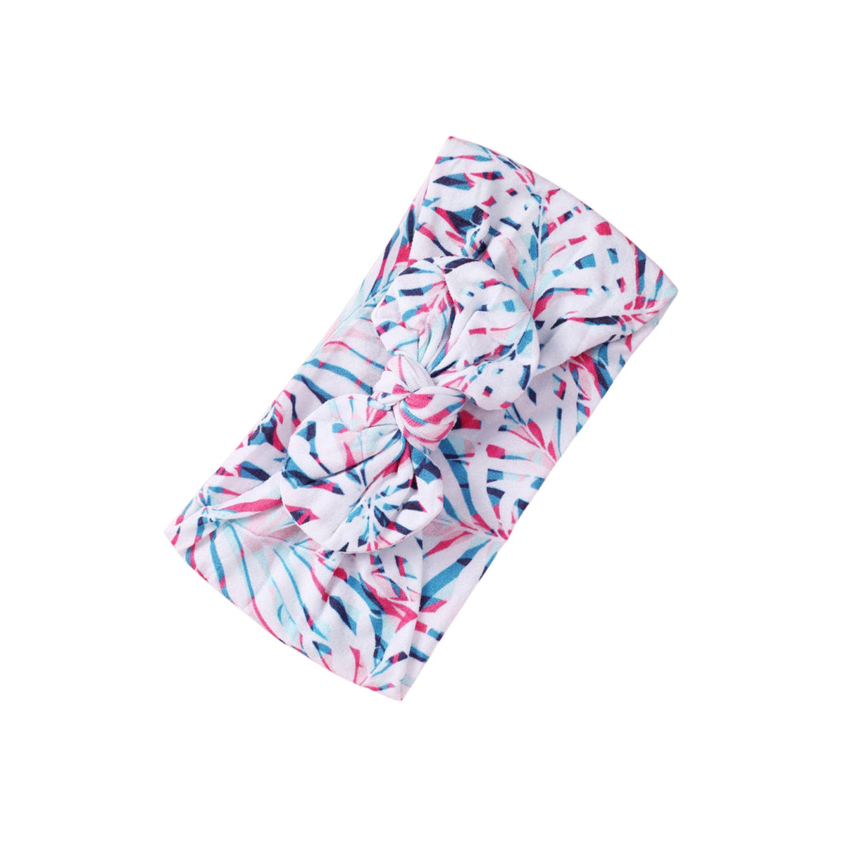 Electric Palms print nylon bow baby headband with hot pink, navy and aqua palm fronds on white, knotted bow at front, Sommerfugl Kids