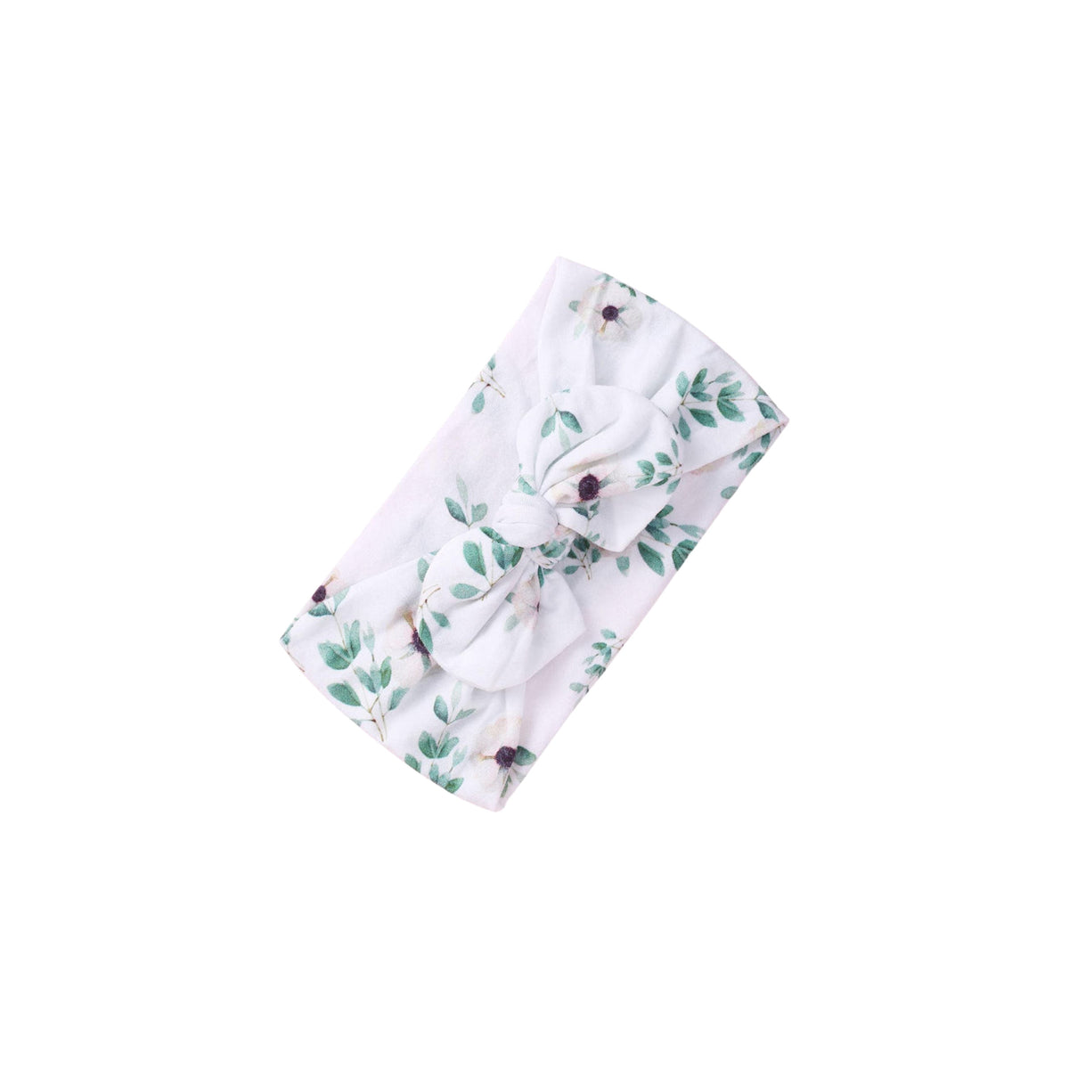 Eucalyptus Bloom print nylon bow baby headband with sage green leaves and white anemone flowers, knotted bow at front, Sommerfugl Kids