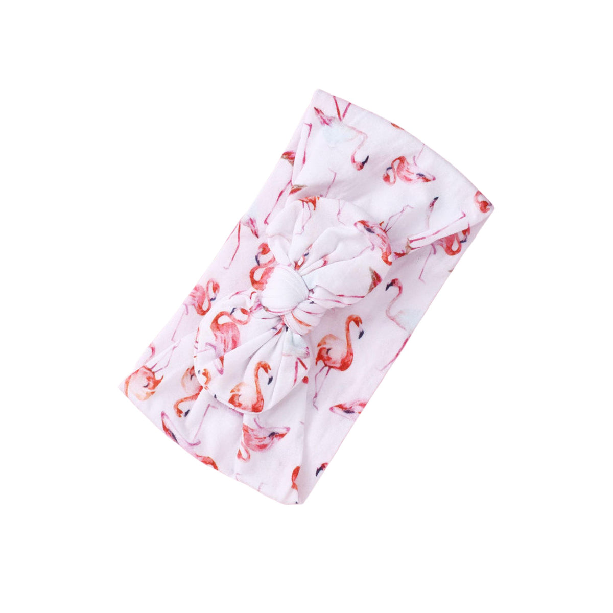 Flamingo print nylon bow baby headband with pink watercolour flamingos on white, knotted bow at front, Sommerfugl Kids