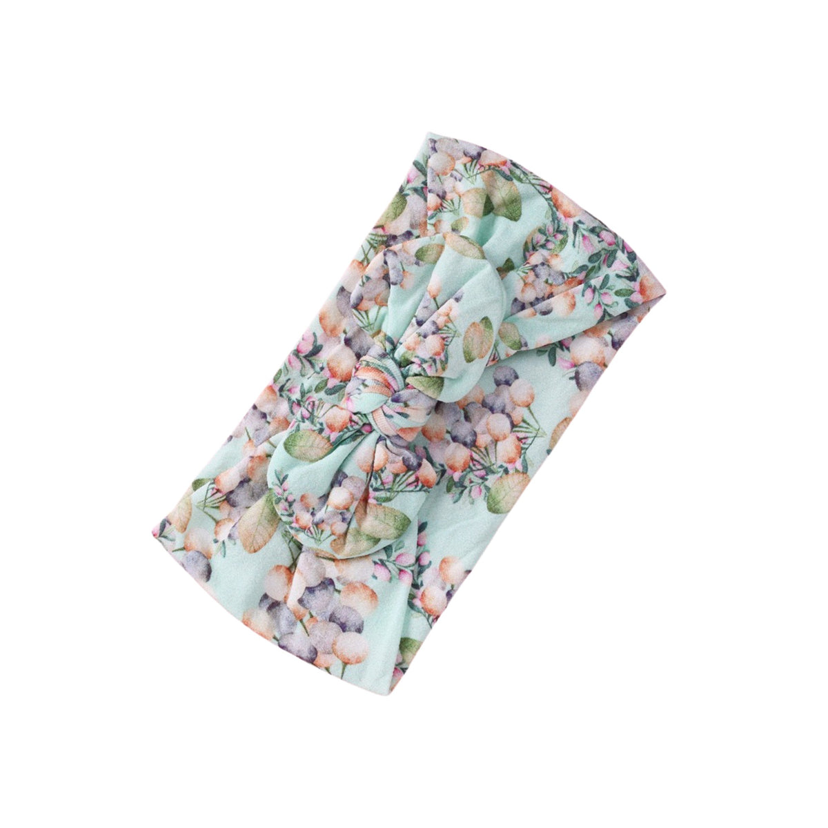 Gumnut Blossom print nylon bow baby headband with peach gumnuts, blush blossoms and eucalyptus on pale mint, knotted bow at front, Sommerfugl Kids