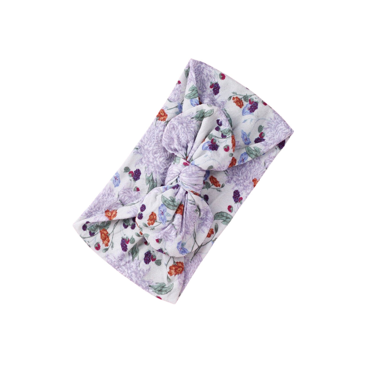 Lilac Bramble print nylon bow baby headband with lilac flowers and blackberries, knotted bow at front, Sommerfugl Kids