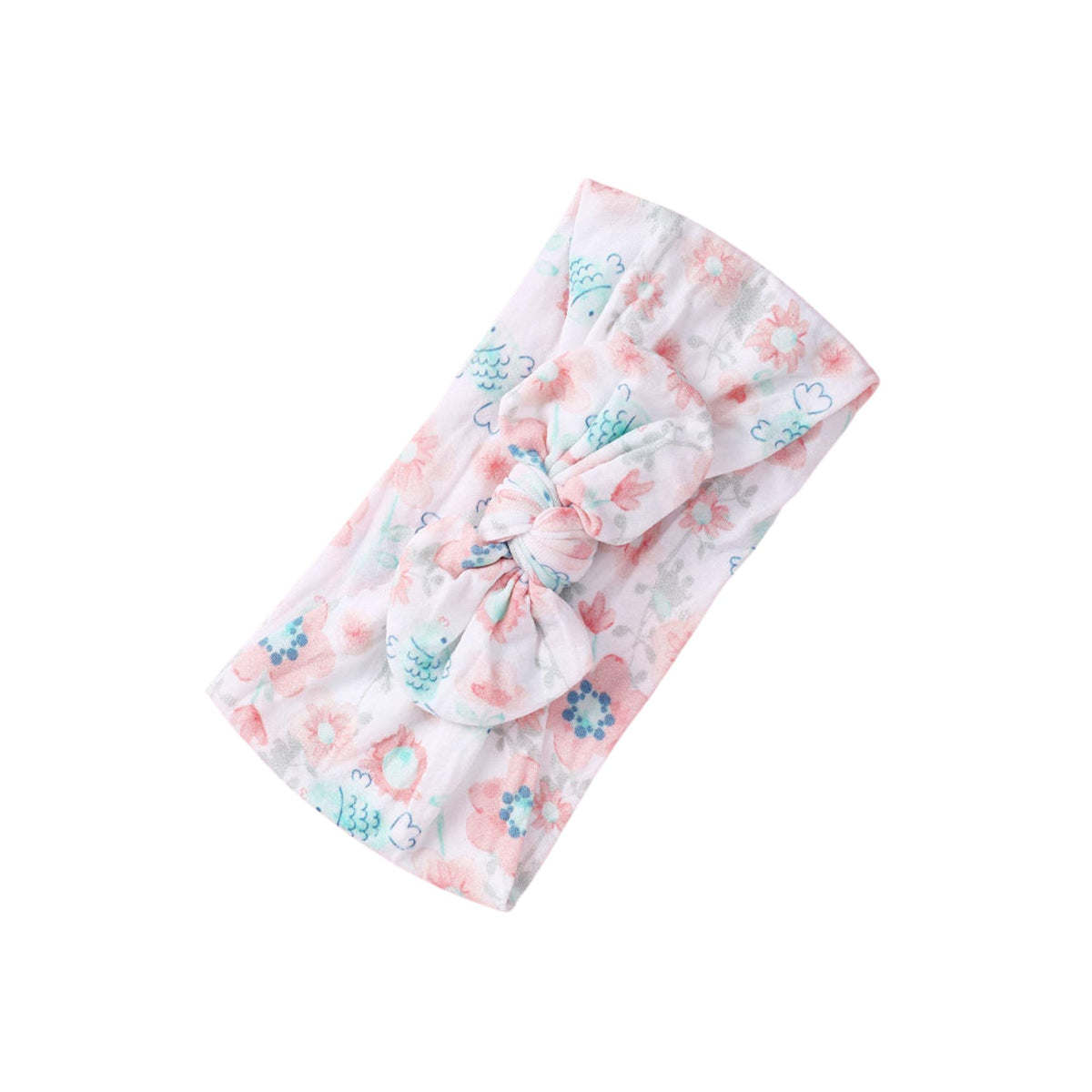 Little Birds print nylon bow baby headband with blush pink flowers and small teal birds on white, knotted bow at front, Sommerfugl Kids