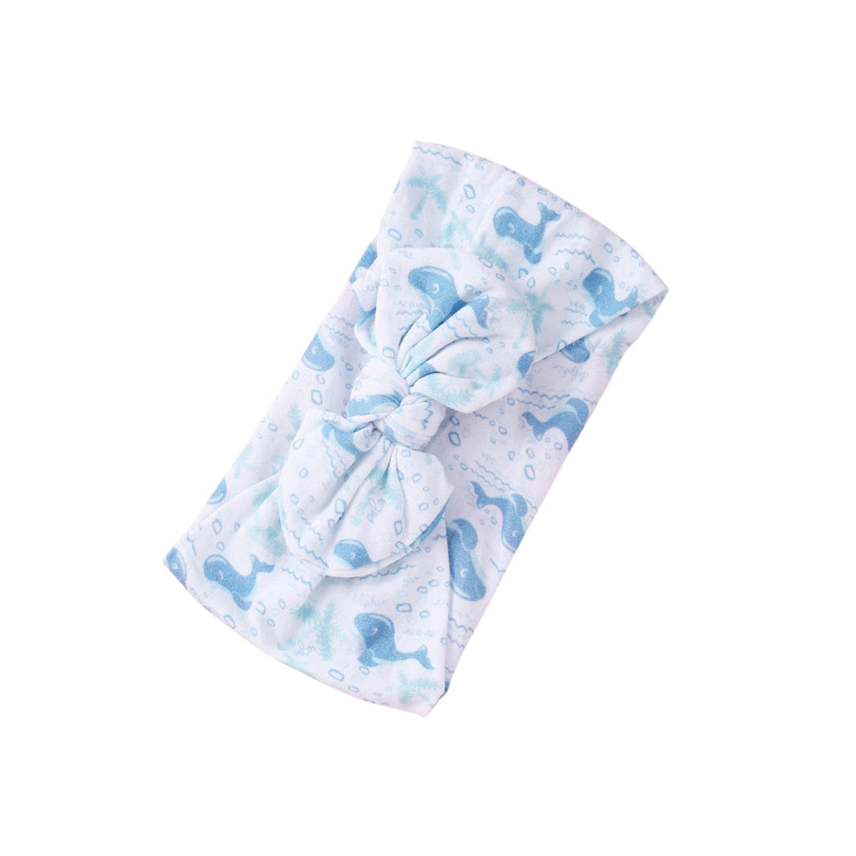 Little Whale print nylon bow baby headband with blue whales, waves and bubbles on white, knotted bow at front, Sommerfugl Kids