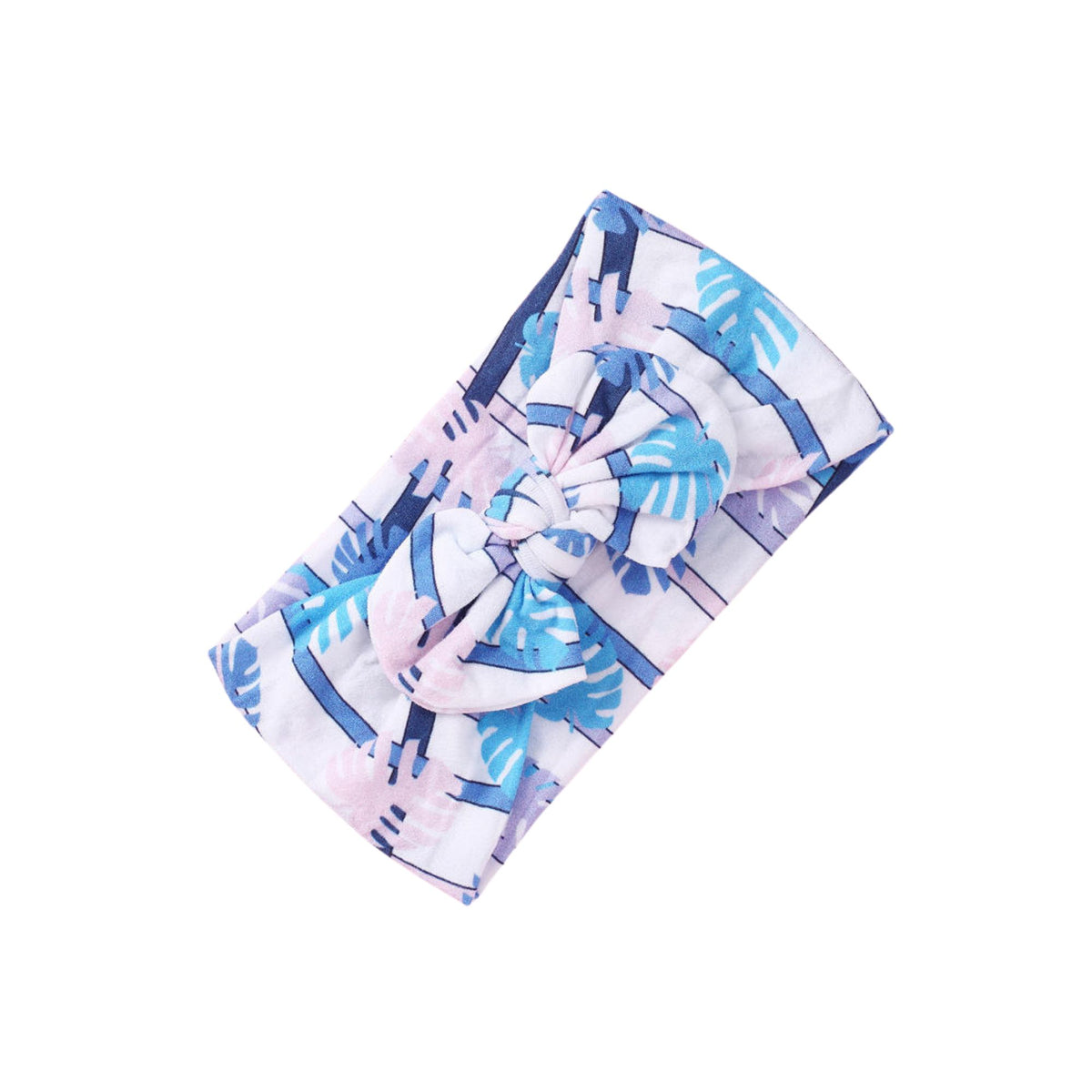 Monstera Stripe print nylon bow baby headband with blue and blush monstera leaves on navy and lilac stripes, knotted bow at front, Sommerfugl Kids