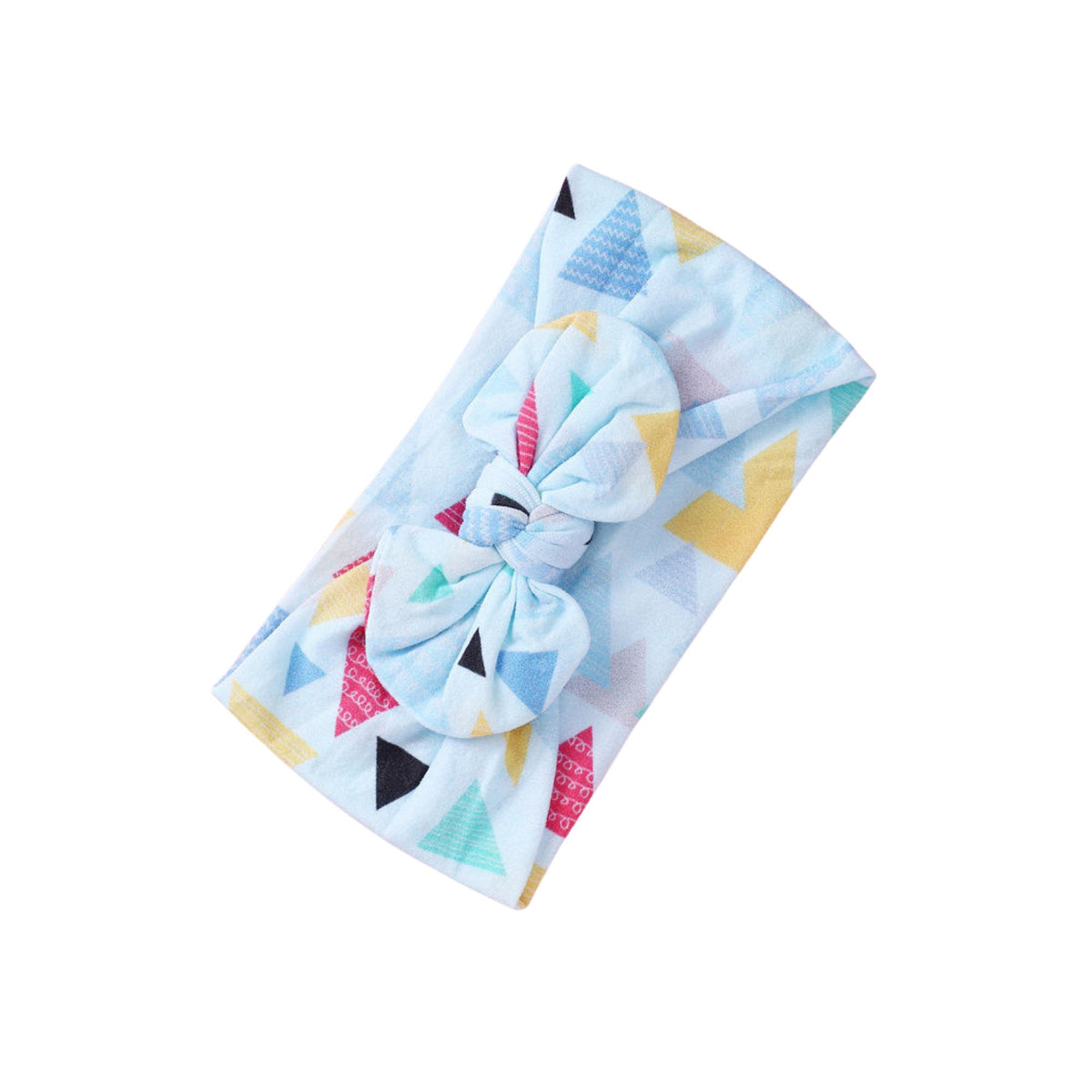 Party Triangles print nylon bow baby headband with pastel geometric triangles on pale blue, knotted bow at front, Sommerfugl Kids