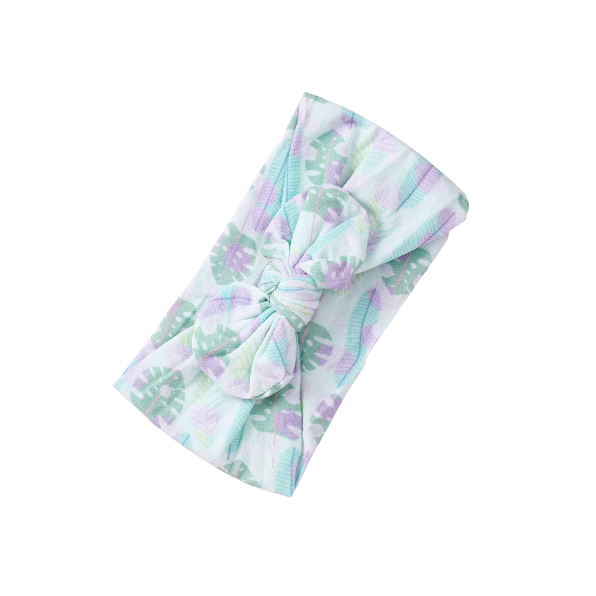 Pastel Palms print nylon bow baby headband with mint, lilac and sage tropical leaves, knotted bow at front, Sommerfugl Kids