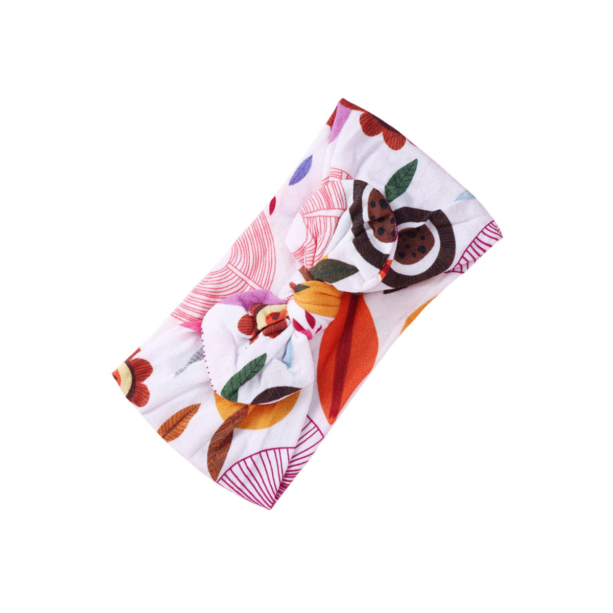 Retro Bloom print nylon bow baby headband with rust, orange, brown and magenta folk-art flowers on white, knotted bow at front, Sommerfugl Kids