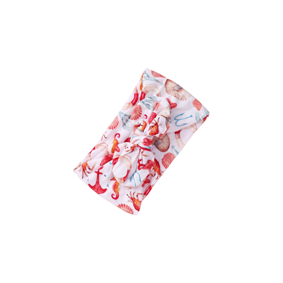 Seaside Treasures print nylon bow baby headband with coral seashells, seahorses and anchors on white, knotted bow at front, Sommerfugl Kids