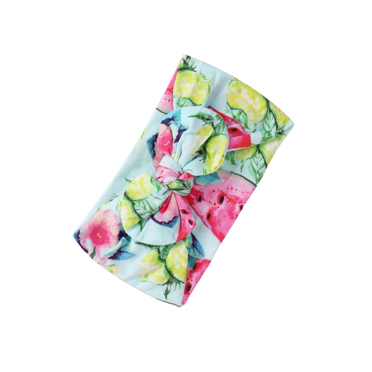 Summer Fruit print nylon bow baby headband with watercolour lemons, watermelon and pink flowers on mint, knotted bow at front, Sommerfugl Kids
