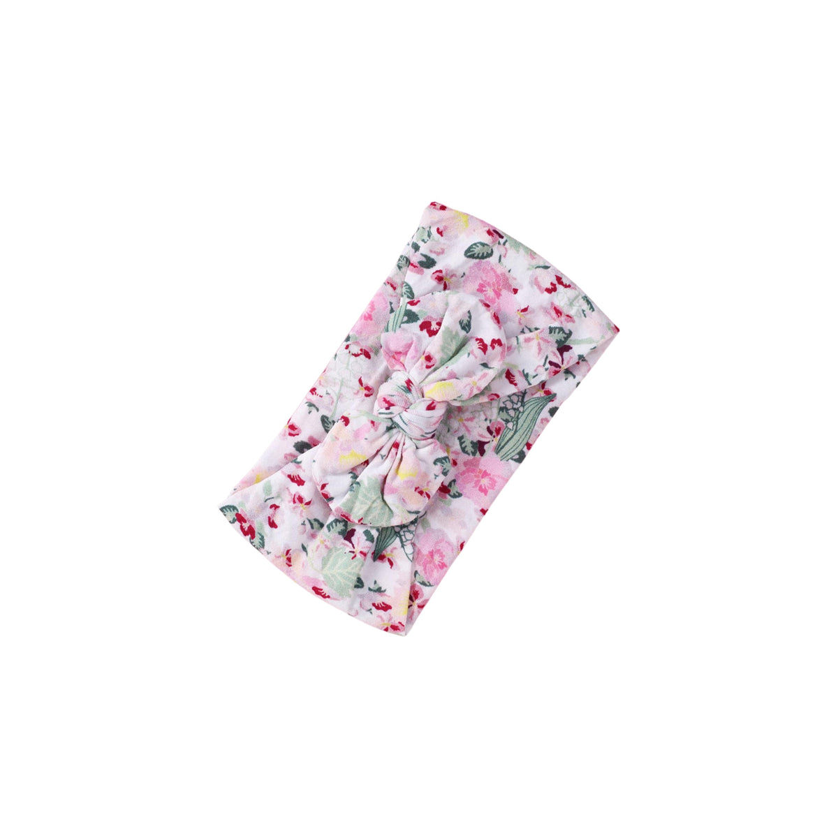 Vintage Rose print nylon bow baby headband with pink roses, crimson petals and sage leaves, knotted bow at front, Sommerfugl Kids