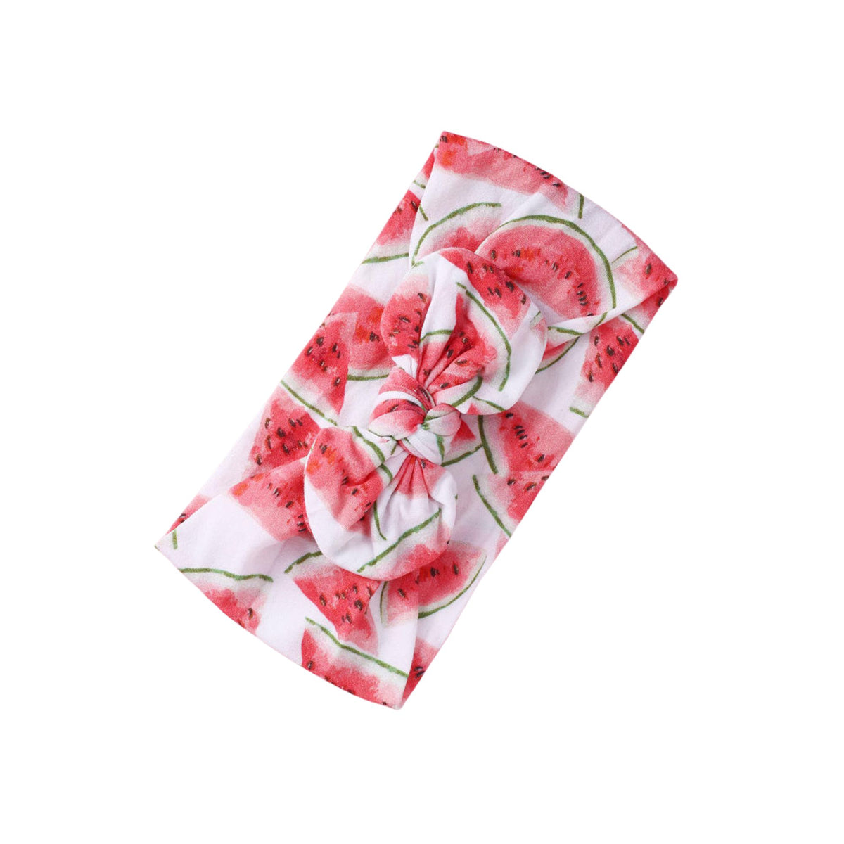Watermelon print nylon bow baby headband with pink watermelon slices on white, knotted bow at front, Sommerfugl Kids