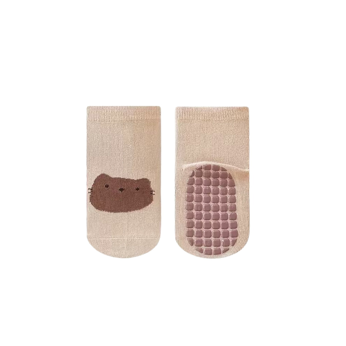 Purrcy cat baby grip socks in beige, chocolate brown cat with whiskers knitted on the side and mauve grip dots on the sole, Sommerfugl Kids