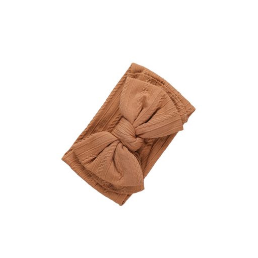 Bowie Double Bow baby headband in Rust , soft ribbed knit with re-tieable double bow