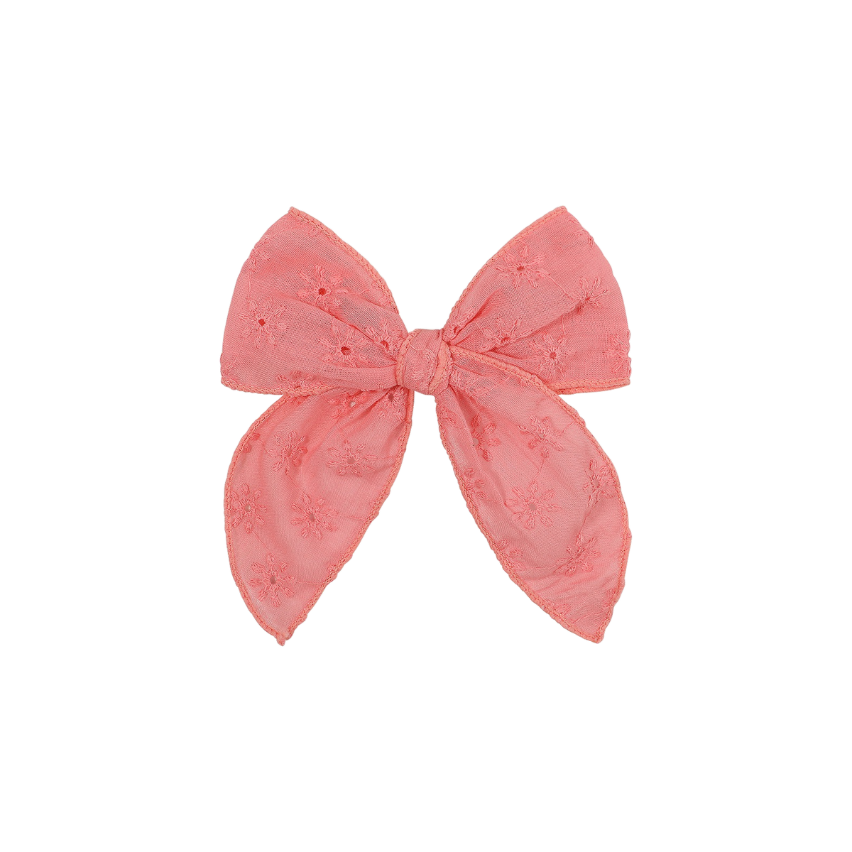 Sadie broderie baby bow clip in flamingo, warm coral pink with eyelet flowers