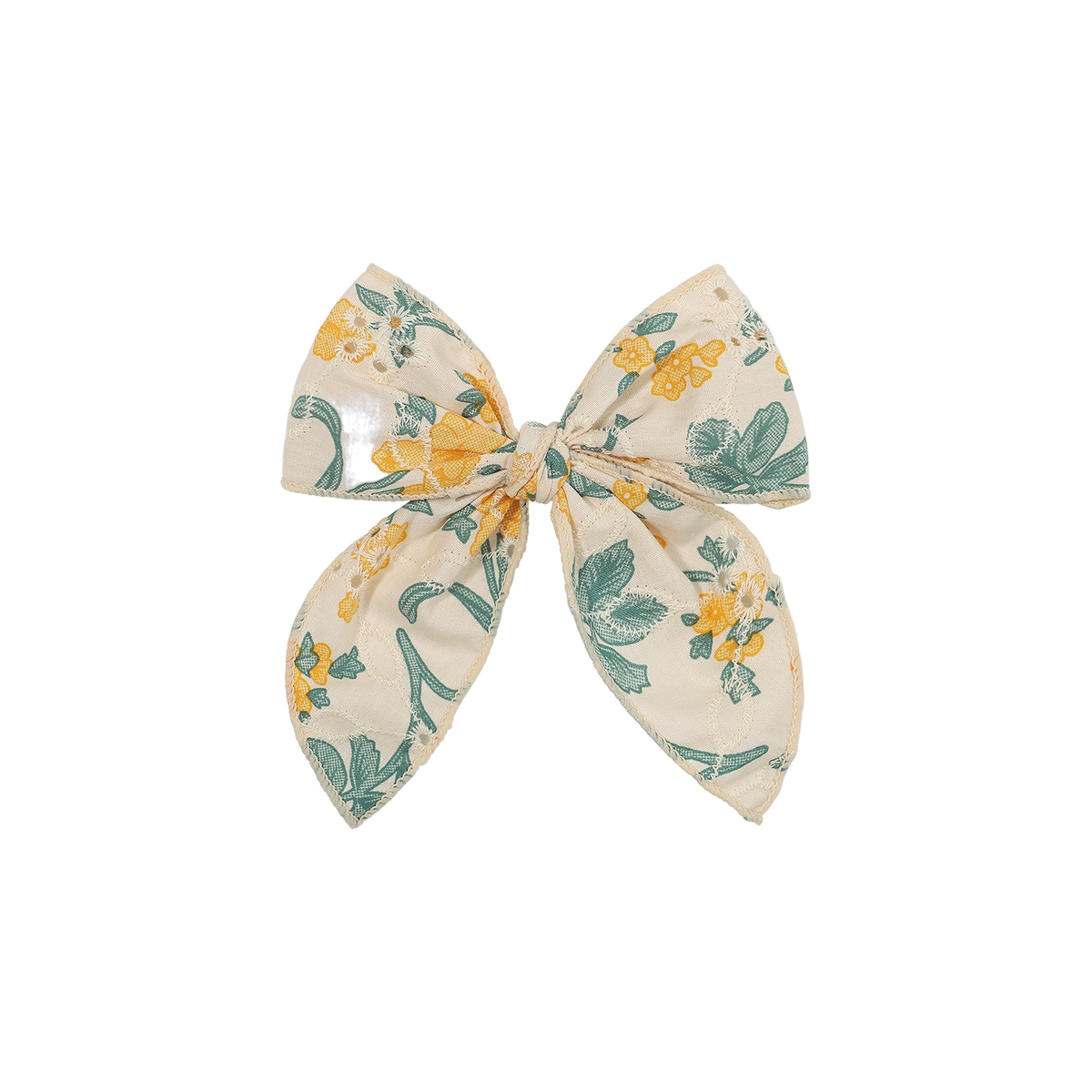 Sadie broderie baby bow clip in mustard floral, cream floral print with golden yellow flowers and green leaves