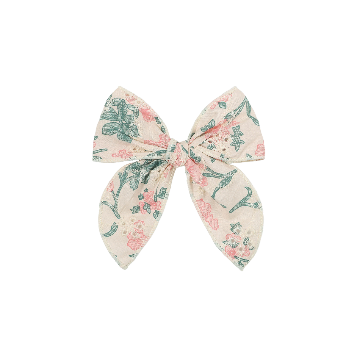 Sadie broderie baby bow clip in peach floral, cream floral print with peach flowers and green leaves