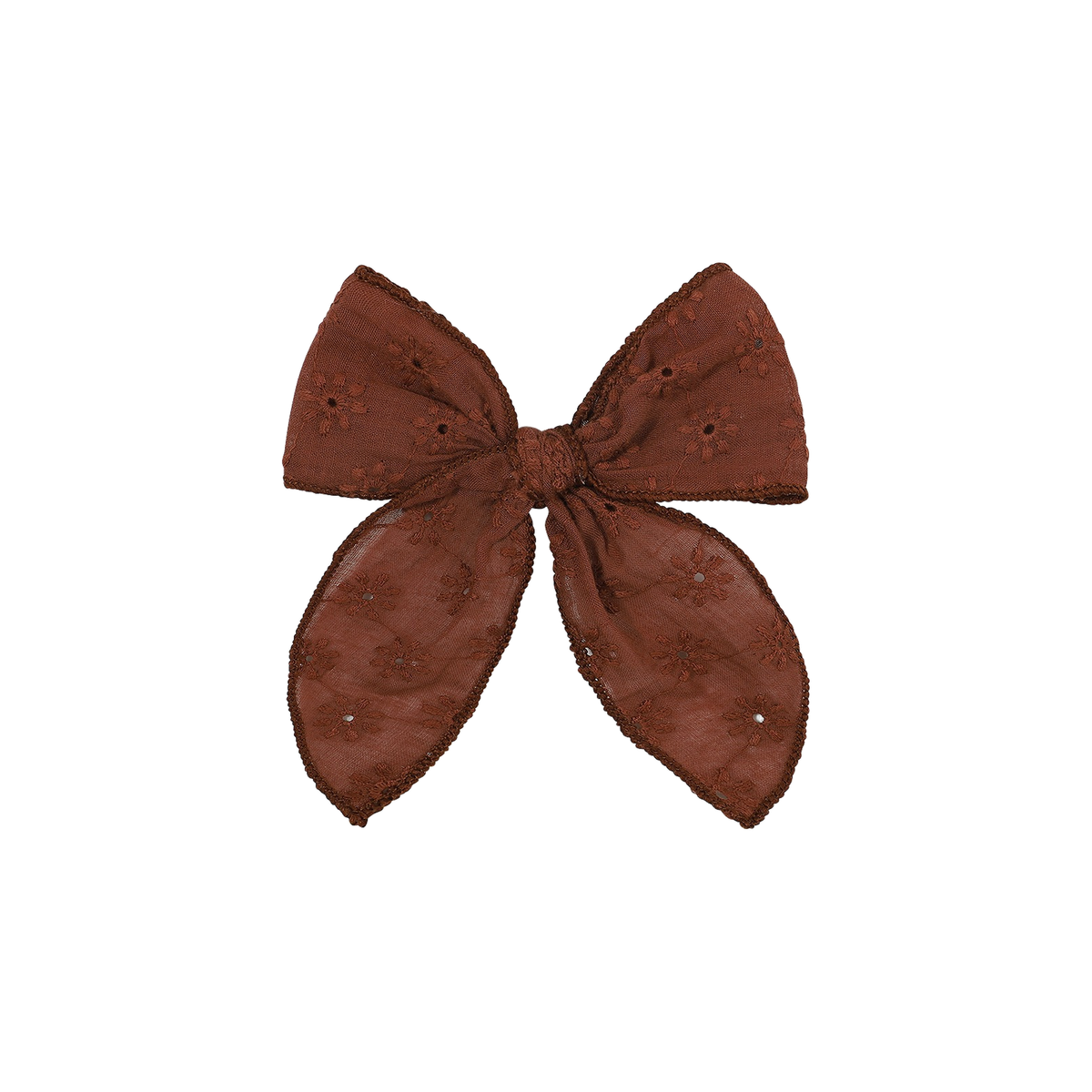 Sadie broderie baby bow clip in rust, rich reddish rust brown with eyelet flowers