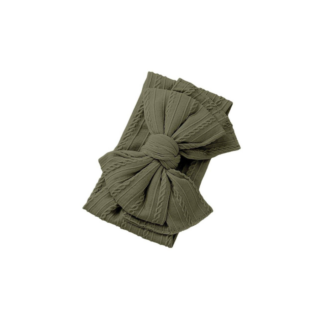 Sage green nylon ear detail baby headband with bow detail — Bowie Double Bow Headband on white background