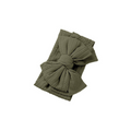 Sage green nylon ear detail baby headband with bow detail — Bowie Double Bow Headband on white background