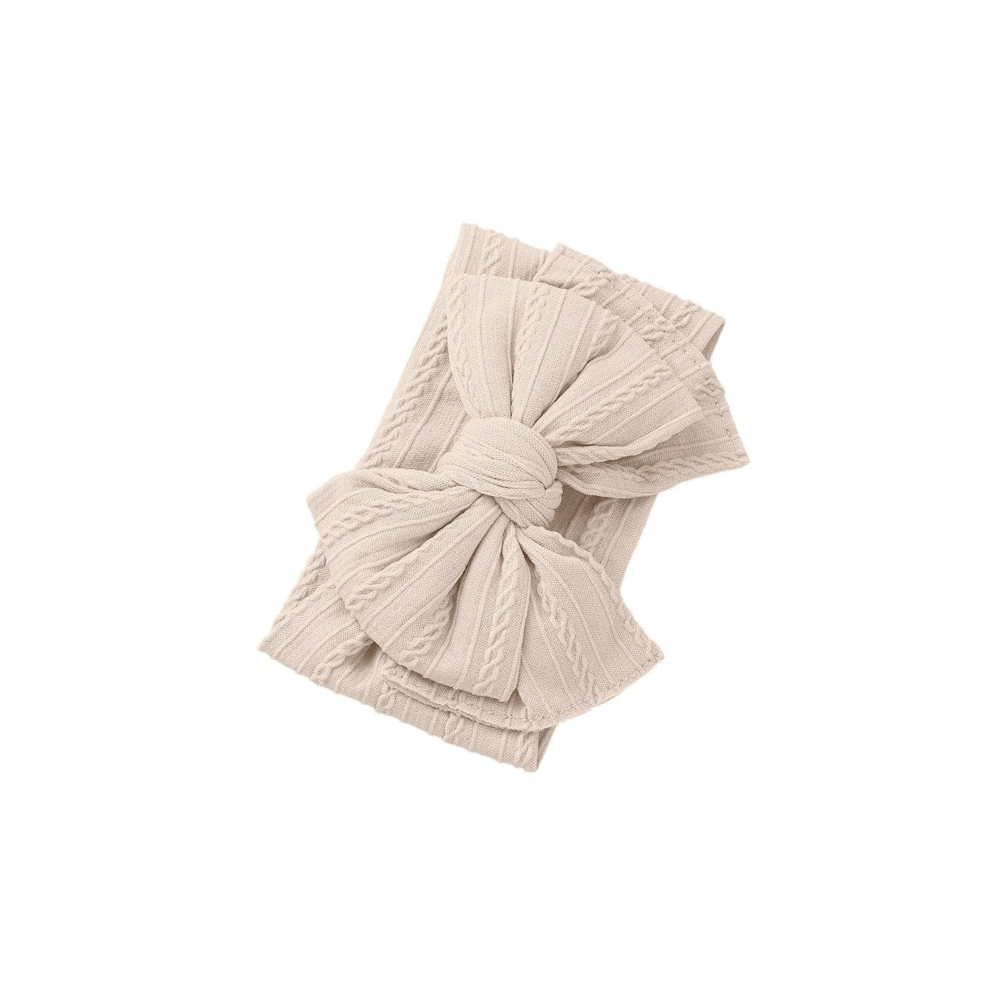 Baby girl wearing baby headband with ear detail — Bowie Cable Knit Double Bow Headband
