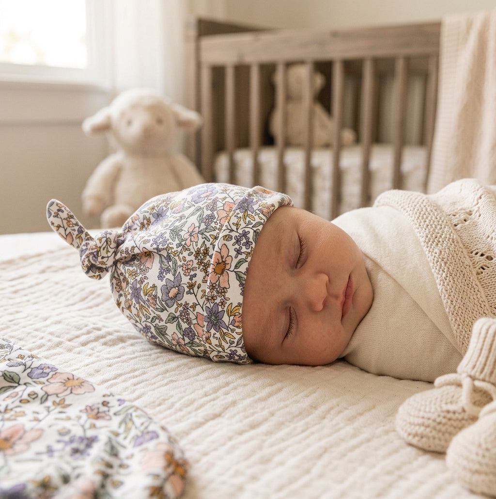 Sleeping newborn baby wearing the Scout top knot baby beanie in wildflower wonder, wrapped in a cream knit swaddle