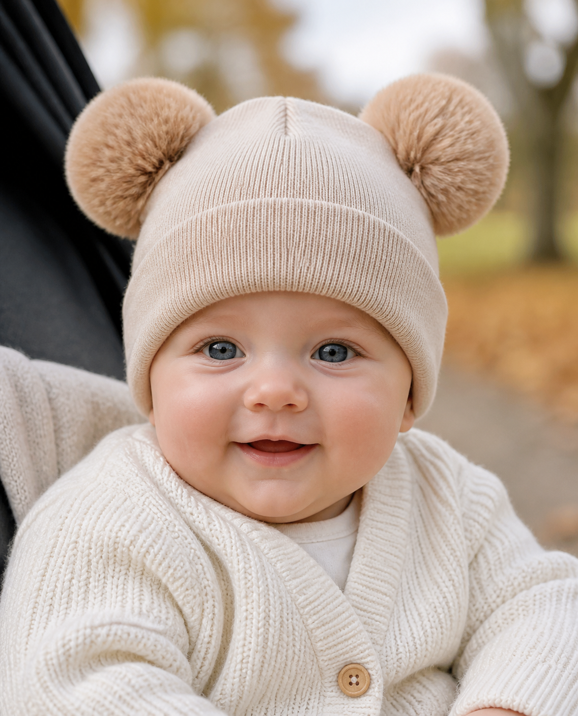 Baby in a pom pom beanie