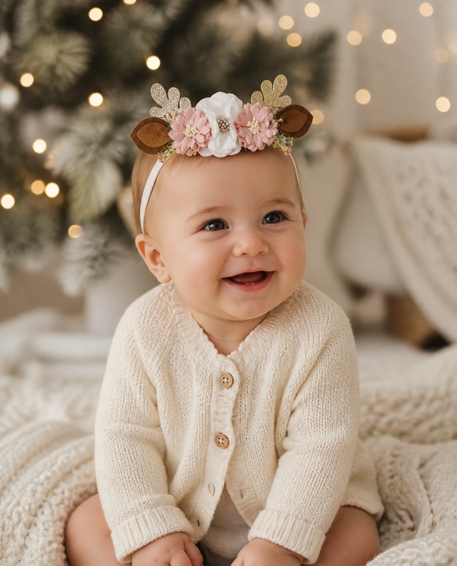 Baby in a floral reindeer antler headband
