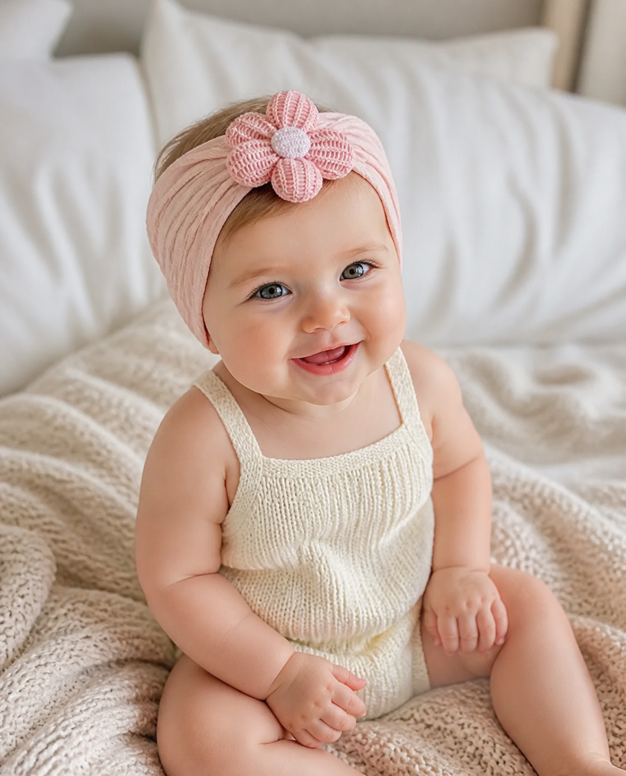 Baby in a cable knit flower headband