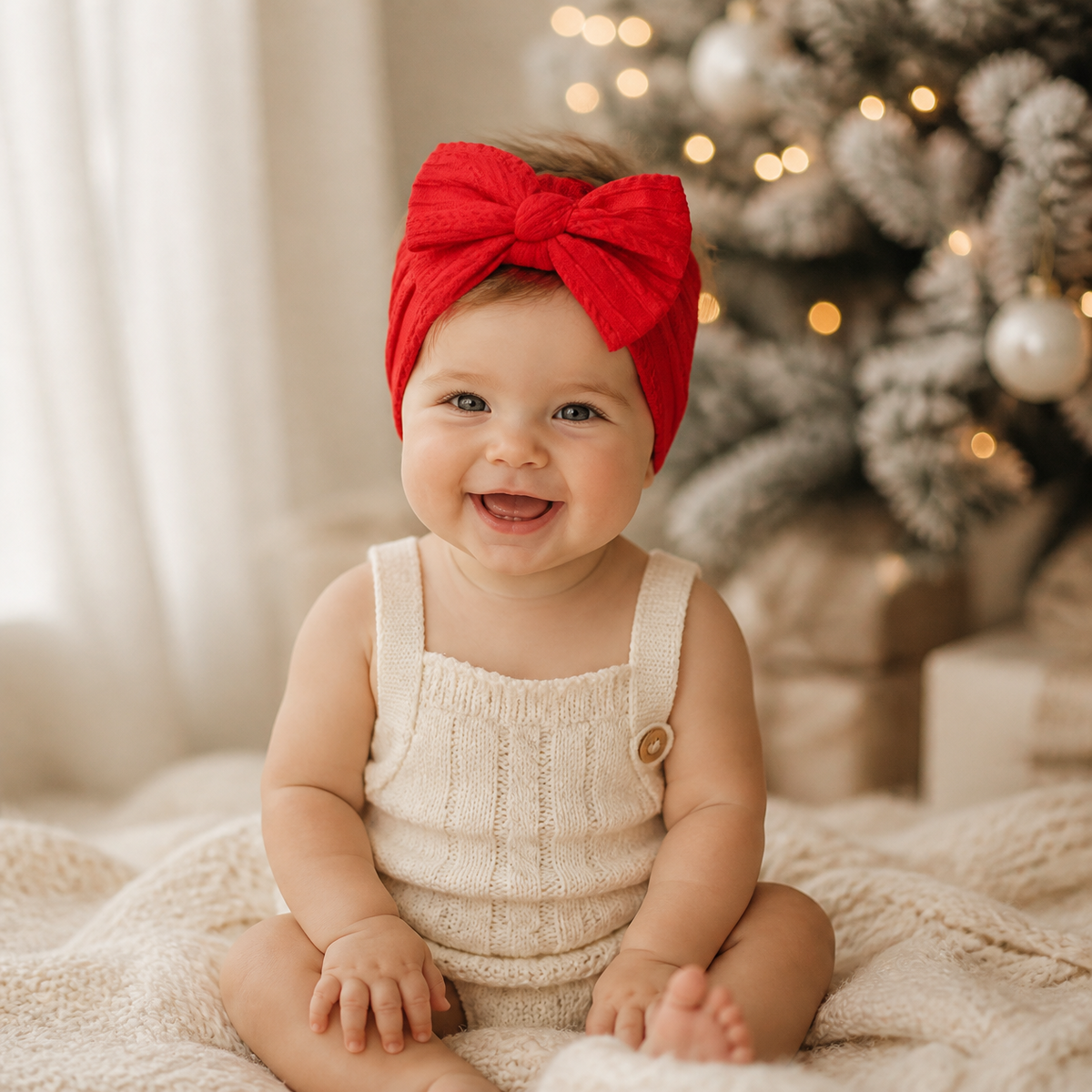 Baby in a red cable knit bow headband