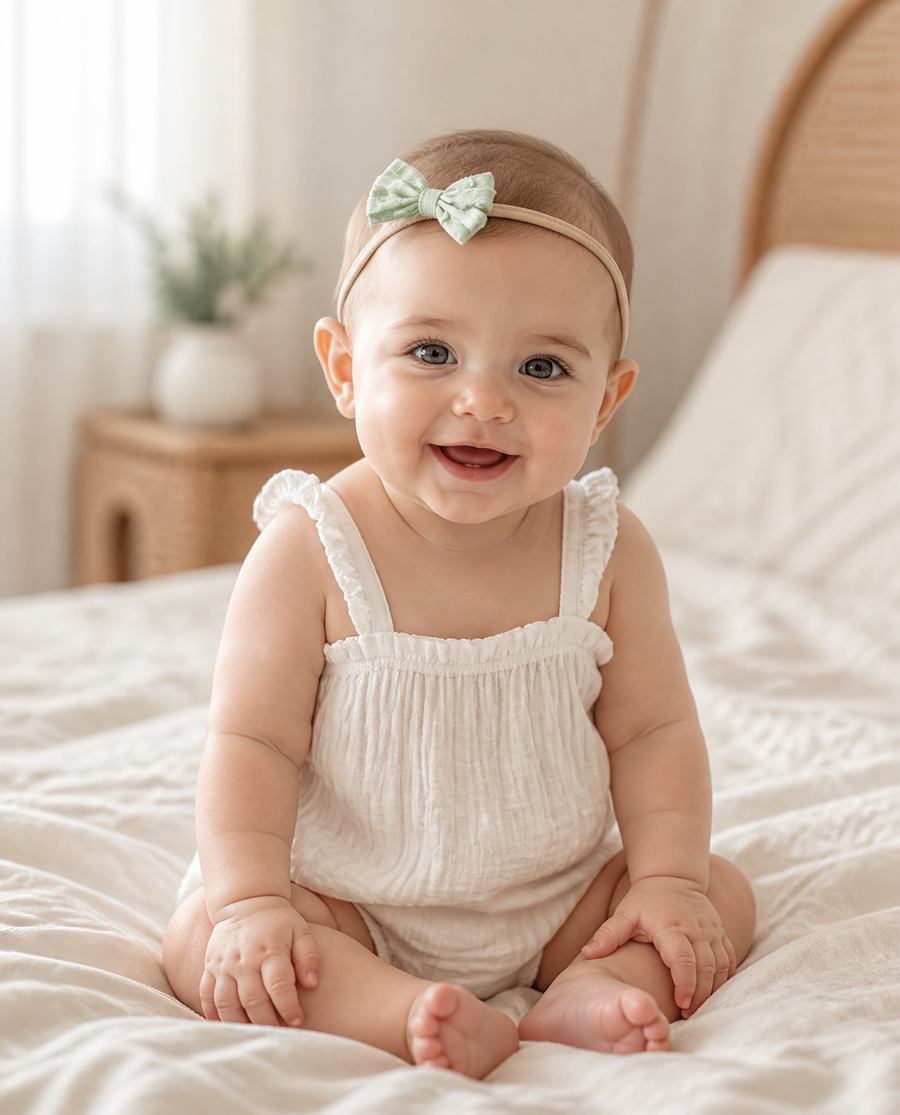 Toddler in a crocodile print smock bib