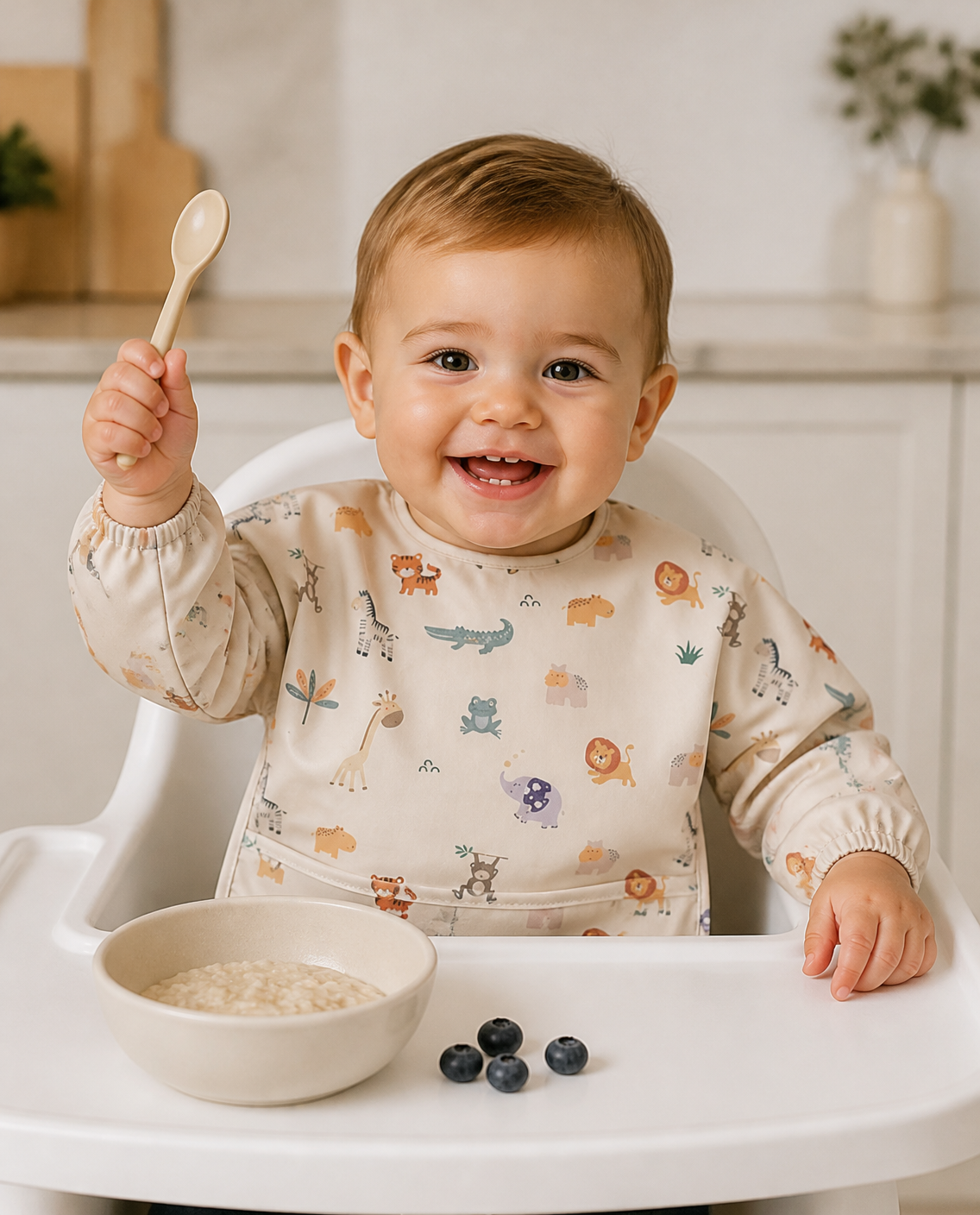 Toddler in a safari print smock bib