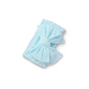 sky blue ribbed knit baby headband with re-tieable oversized double bow, designed for newborns and toddlers