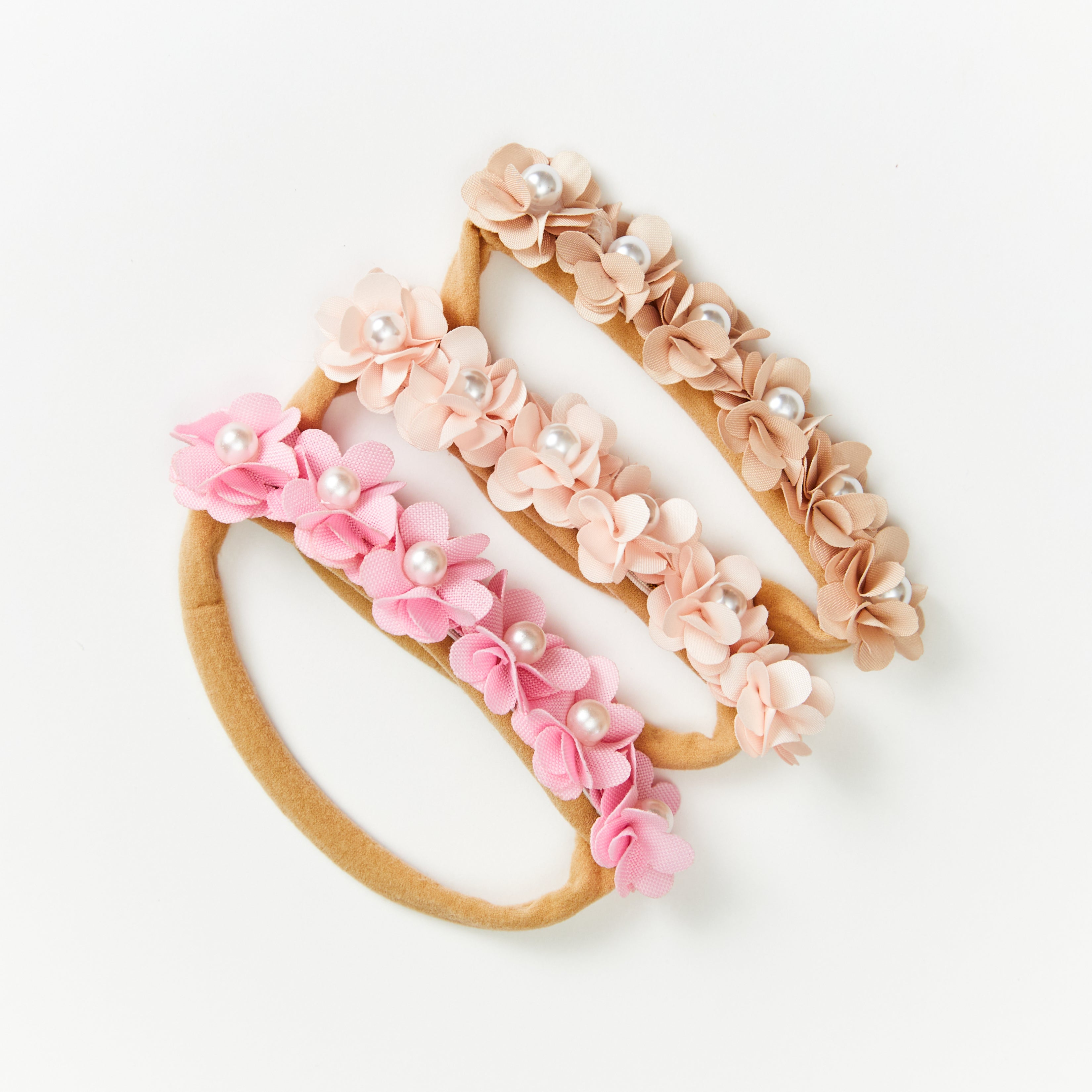 Baby girl wearing baby headband with floral — Delicate Baby Flower Crown with Pearls: Sunset Snow Flower Girl Headband