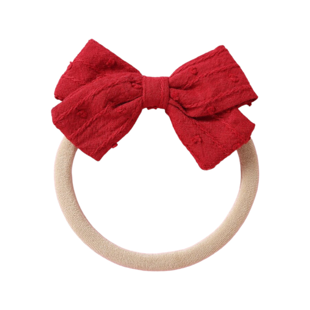 Strawberry cotton embroidered baby accessory — Dotty Embroidered Cotton Baby Bow on white background