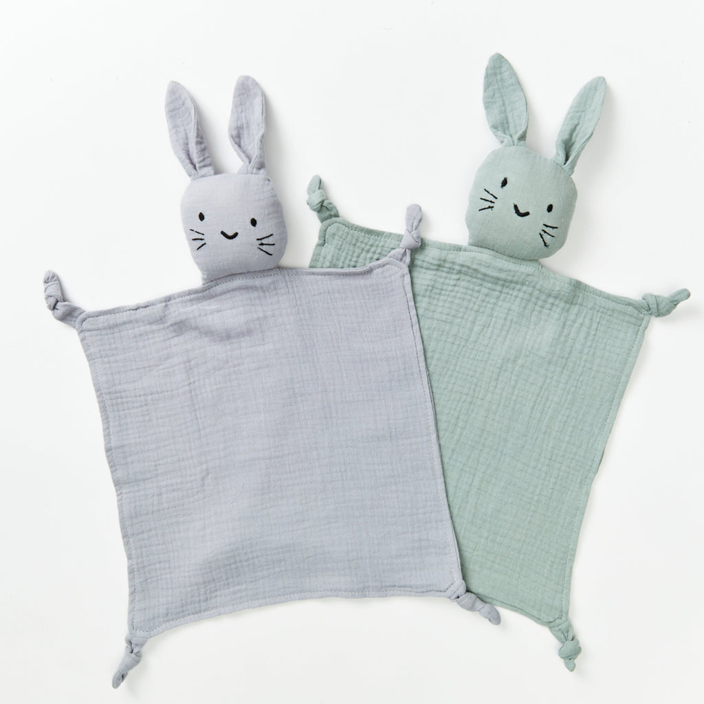 Thumper Bunny Cotton Baby Comforter in Mustard — close-up showing cotton muslin texture and craftsmanship
