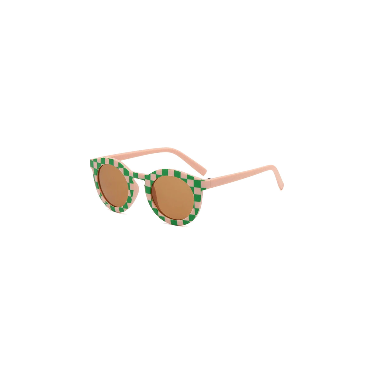 Vera retro baby sunglasses in green and tangerine checkerboard