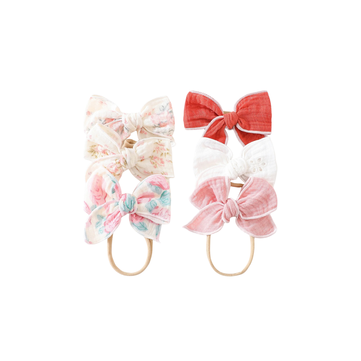 Berry Patch muslin baby bow headband 6-pack in bright blue, pink and yellow prints