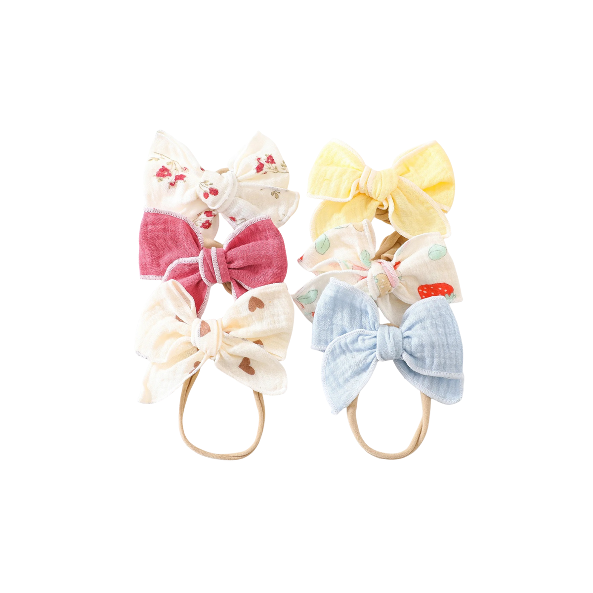 Blushing Meadow muslin baby bow headband 6-pack in soft pinks and warm rusts with florals