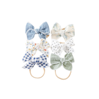Coastal Breeze muslin baby bow headband 6-pack in blues, greens and white gingham