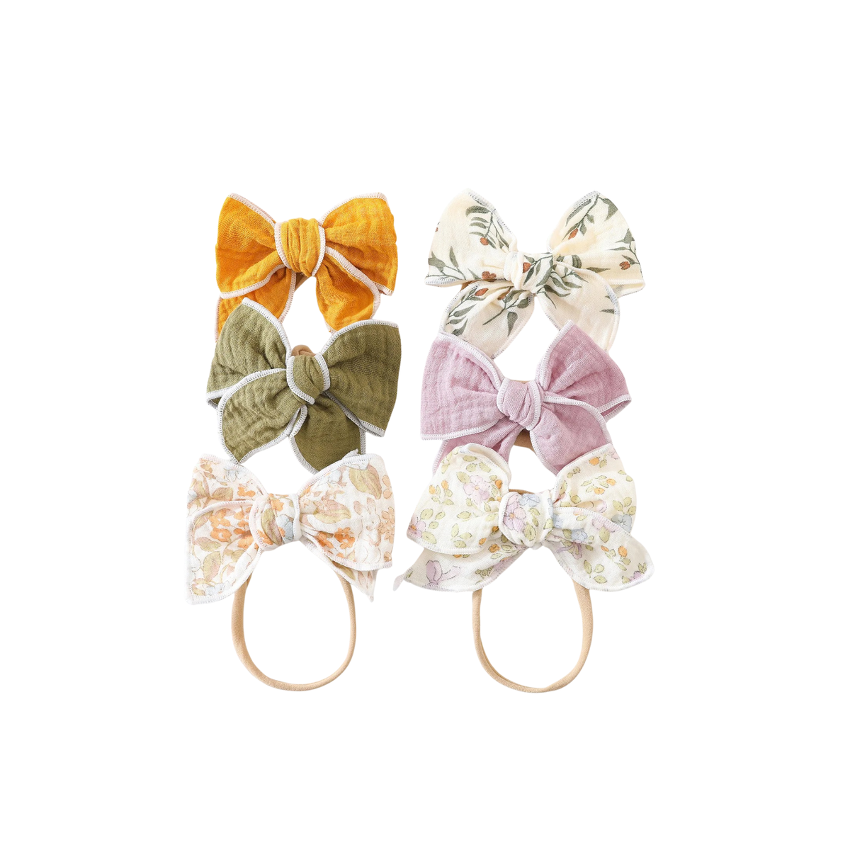 Golden Hour muslin baby bow headband 6-pack in mustard, olive and dusty rose