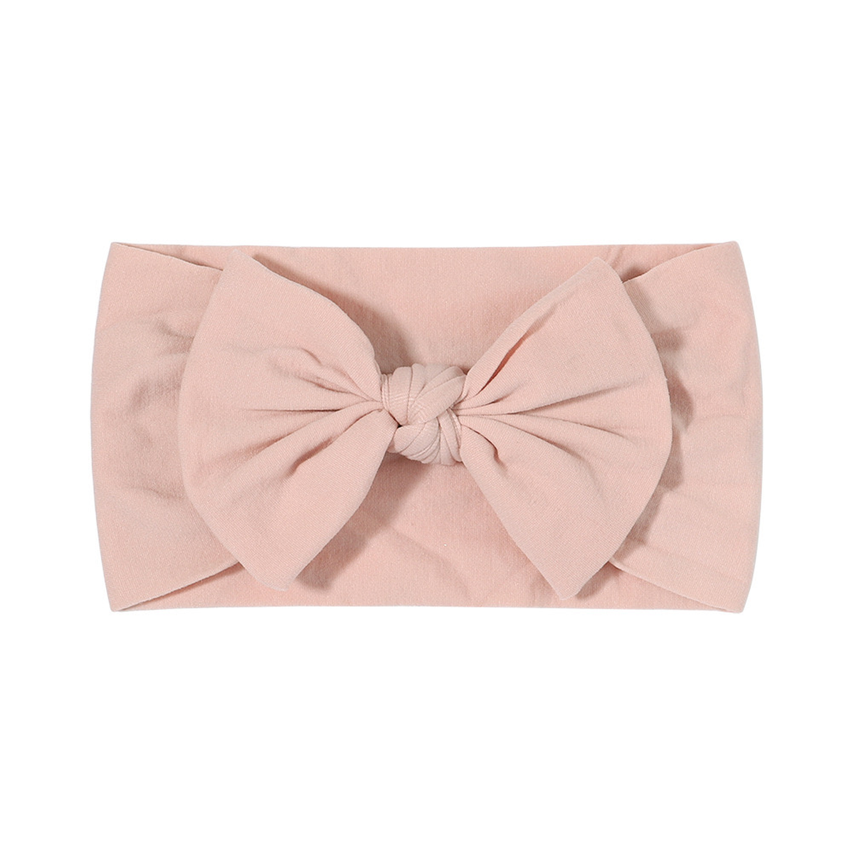 Plain beige nylon bow baby headband with a big knotted bow on a wide soft stretch band, Wren range, Sommerfugl Kids