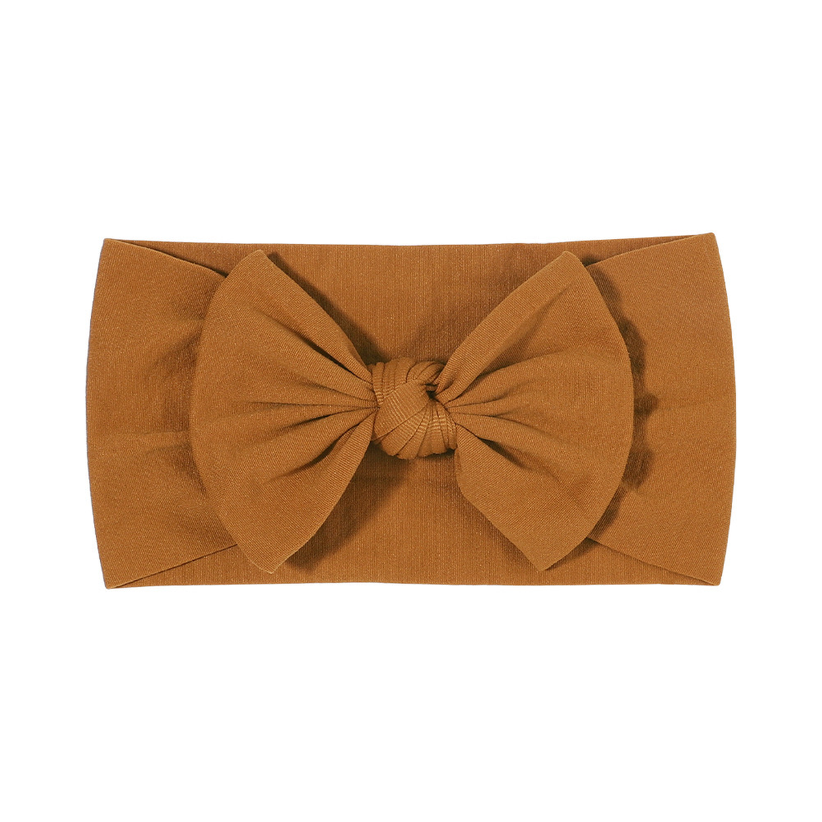 Plain brown nylon bow baby headband with a big knotted bow on a wide soft stretch band, Wren range, Sommerfugl Kids