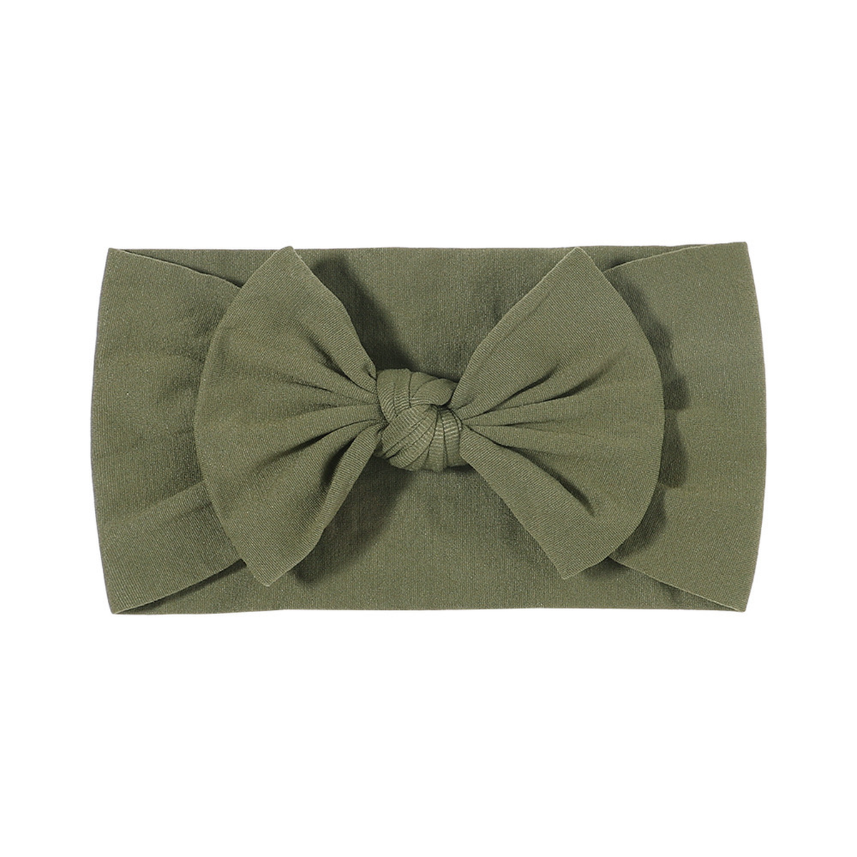 Plain fern green nylon bow baby headband with a big knotted bow on a wide soft stretch band, Wren range, Sommerfugl Kids