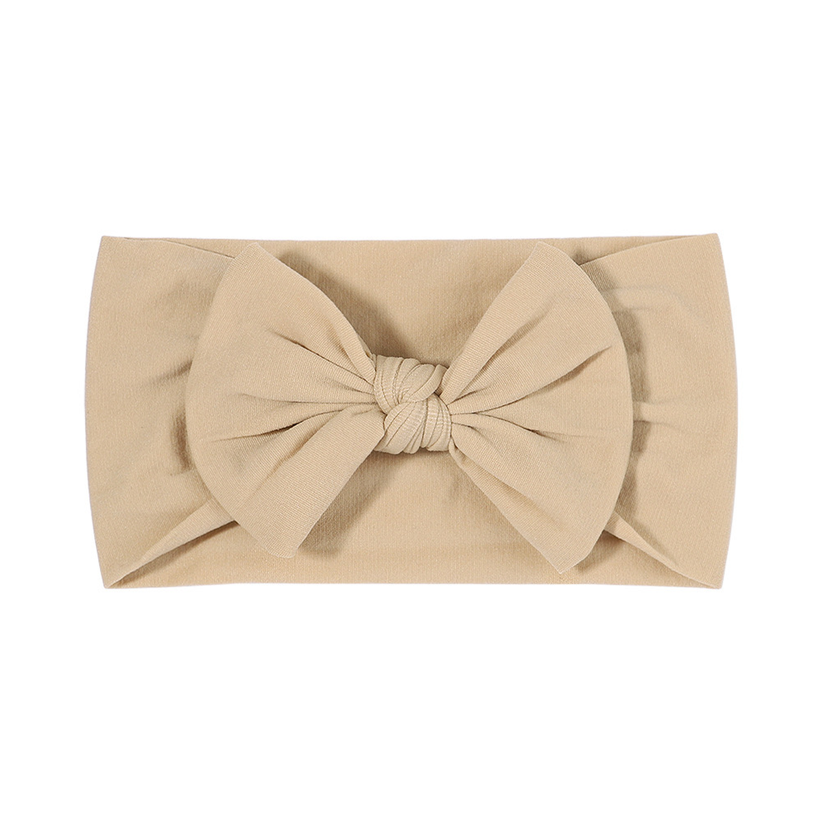 Plain khaki nylon bow baby headband with a big knotted bow on a wide soft stretch band, Wren range, Sommerfugl Kids