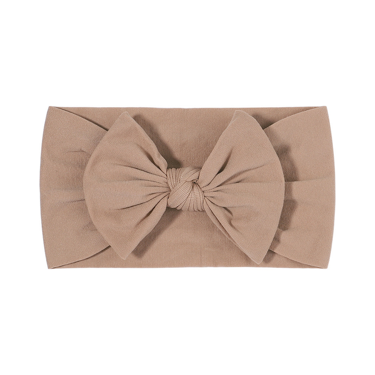 Plain latte nylon bow baby headband with a big knotted bow on a wide soft stretch band, Wren range, Sommerfugl Kids